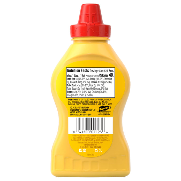 The image shows the back of a yellow French'S Creamy Yellow Mustard 12 Oz bottle with a red cap, displaying its nutrition facts, ingredients, and barcode.