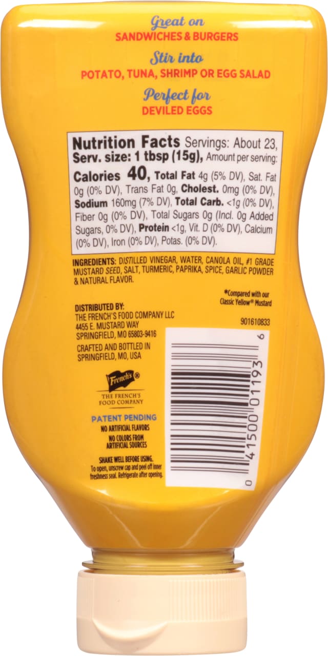 A bottle of Frenchs Classic Yellow Mustard with nutritional information and ingredients listed on the label.