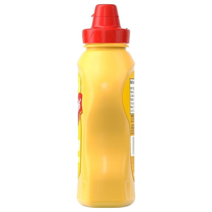 A bright yellow squeeze bottle of French'S Creamy Yellow Mustard 12 Oz stands upright, featuring a red cap and a partially visible red and yellow label on its side.