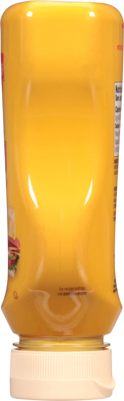 A yellow plastic bottle of Frenchs yellow mustard.