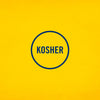 A graphic illustration featuring a blue circle with a K inside and the word KOSHER below it to indicate the certification for Frenchs Yellow Regular Mustard 12 Oz.