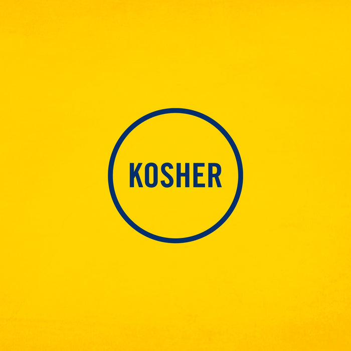 A graphic illustration featuring a blue circle with a K inside and the word KOSHER below it to indicate the certification for Frenchs Yellow Regular Mustard 12 Oz.