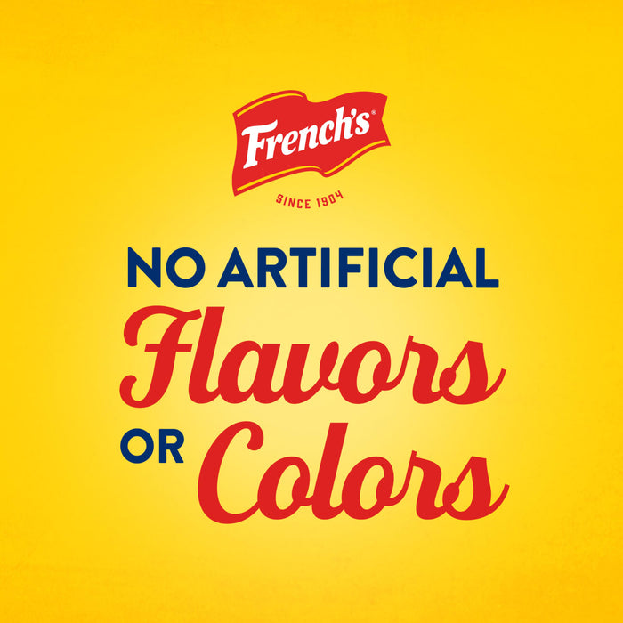 A graphic illustration for Frenchs Yellow Regular Mustard 12 Oz featuring the brand logo and text stating there are no artificial flavors or colors against a bright yellow background.