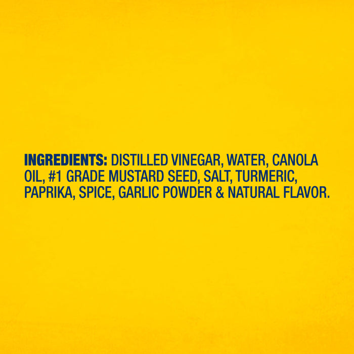A list of ingredients for Frenchs Yellow Regular Mustard 12 Oz including distilled vinegar, water, canola oil, mustard seed, salt, turmeric, paprika, spice, garlic powder, and natural flavor is displayed against a bright yellow background.