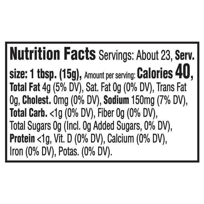 The nutrition facts label for French'S Creamy Yellow Mustard 12 Oz details 40 calories per 1 tbsp serving, 4g total fat, 150mg sodium, and less than 1g total carbohydrates and protein.
