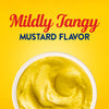 A top-down view of a bowl filled with creamy Frenchs Yellow Regular Mustard 12 Oz set against a bright yellow background with the words Mildly Tangy Mustard Flavor.