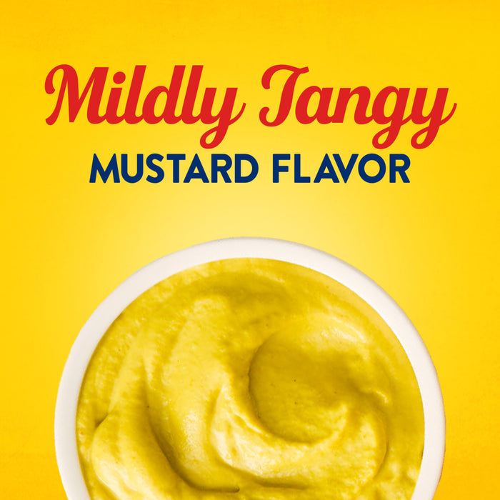 A top-down view of a bowl filled with creamy Frenchs Yellow Regular Mustard 12 Oz set against a bright yellow background with the words Mildly Tangy Mustard Flavor.