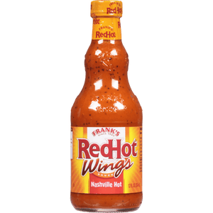 ["A bottle of Frank's RedHot Wings Nashville Hot Sauce."]