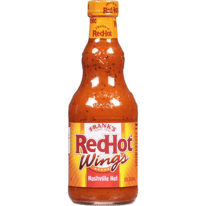 ["A bottle of Frank's RedHot Wings Nashville Hot Sauce."]