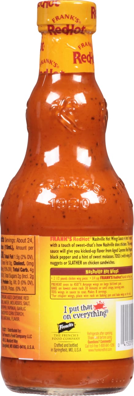 ["A bottle of Frank's RedHot Nashville Hot Wings Sauce."]