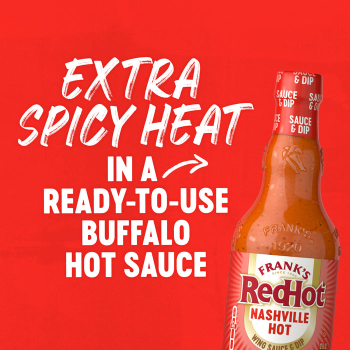 A promotional graphic featuring a bottle of Franks Red Hot Regular Wing Hot Sauce Hot 12 Oz Nashville Hot variety against a vibrant red background with text highlighting its extra spicy heat.