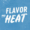 ['White text on a blue background with white dots reads FLAVOR AND HEAT']