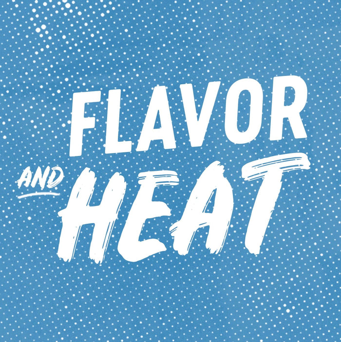 ['White text on a blue background with white dots reads FLAVOR AND HEAT']