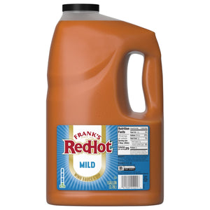 A large, one-gallon jug of Franks Red Hot Regular Wing Hot Sauce Mild 128 Oz is shown against a white background.