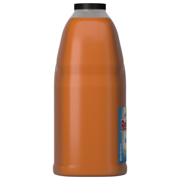A side view of a large jug of Franks Red Hot Regular Wing Hot Sauce Mild 128 Oz, showing the orange sauce and black cap against a white background.