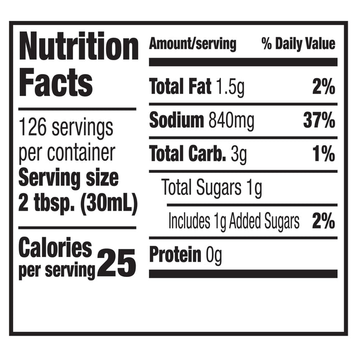 A graphic of the nutrition facts label for Franks Red Hot Regular Wing Hot Sauce Mild 128 Oz, listing 25 calories, 1.5g of total fat, and 840mg of sodium per 2 tablespoon serving.