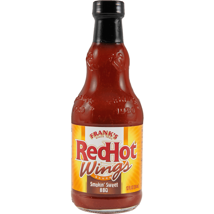 ["A bottle of Frank's RedHot Wings Smokin' Sweet BBQ sauce."]