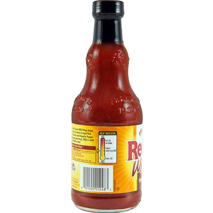 ["A bottle of Frank's RedHot Smokin' Sweet BBQ Wings Sauce."]