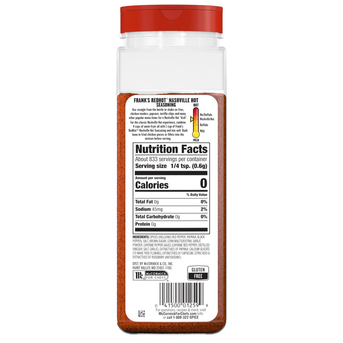 ["A bottle of Frank's RedHot Nashville Hot Seasoning with nutrition facts and ingredients listed."]