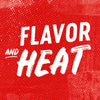 ['White text on a red background with white dots reads FLAVOR AND HEAT']