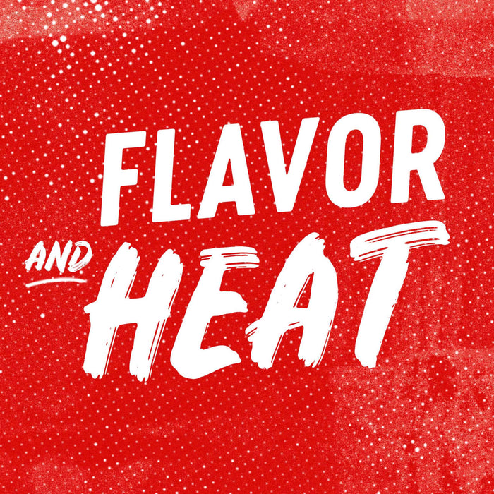 ['White text on a red background with white dots reads FLAVOR AND HEAT']