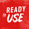 ['White text on a red background with white dots says Ready to Use.']