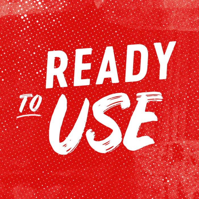 ['White text on a red background with white dots says Ready to Use.']