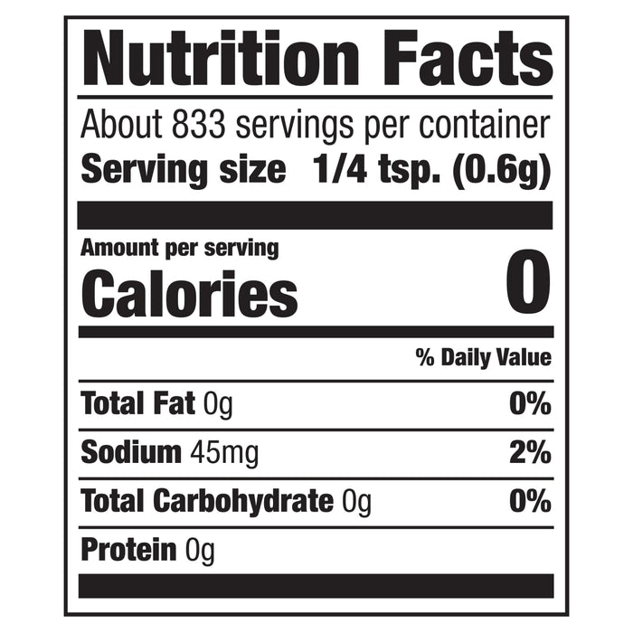 ['Nutrition Facts label for a product with 0 calories per serving.']