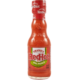["A bottle of Frank's RedHot Dill Pickle hot sauce."]