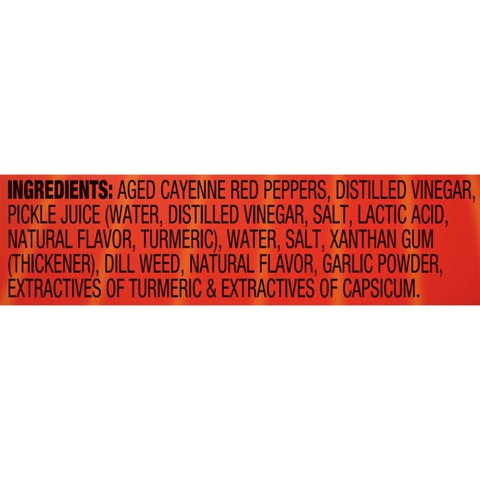 ['A list of ingredients for a product, including aged cayenne red peppers, distilled vinegar, pickle juice, water, salt, lactic acid, natural flavor, turmeric, xanthan gum, dill weed, garlic powder, and extractives of turmeric and capsicum.']