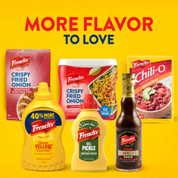 An advertisement for French's products, including Crispy Fried Onions, Classic Yellow Mustard, Worcestershire Sauce, Chili-O mix, and a bottle of Frenchs Dill Pickle Sandwich Spread Regular Inverted Squeeze Bottle Rp 12 Oz, are arranged under the text MORE FLAVOR TO LOVE.
