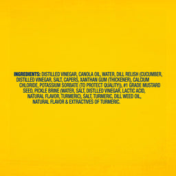 The ingredients list for Frenchs Dill Pickle Sandwich Spread Regular Inverted Squeeze Bottle Rp 12 Oz is displayed in blue text on a yellow background.