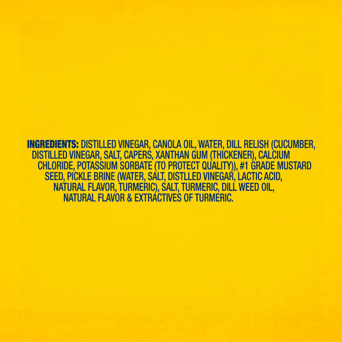 The ingredients list for Frenchs Dill Pickle Sandwich Spread Regular Inverted Squeeze Bottle Rp 12 Oz is displayed in blue text on a yellow background.