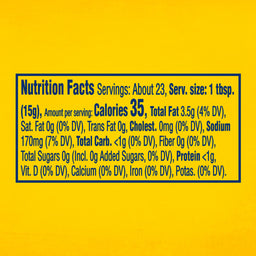 The nutrition facts label for Frenchs Dill Pickle Sandwich Spread Regular Inverted Squeeze Bottle Rp 12 Oz lists 35 calories per one-tablespoon serving.