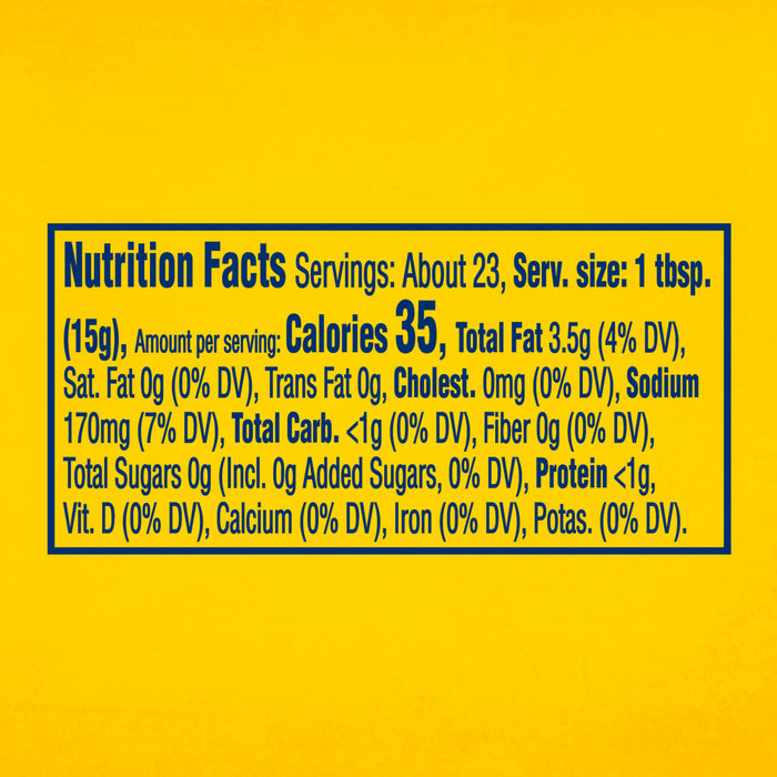 The nutrition facts label for Frenchs Dill Pickle Sandwich Spread Regular Inverted Squeeze Bottle Rp 12 Oz lists 35 calories per one-tablespoon serving.