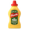 A yellow squeeze bottle of Frenchs Dill Pickle Sandwich Spread Regular Inverted Squeeze Bottle Rp 12 Oz is shown against a white background.