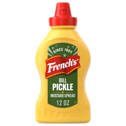 A yellow squeeze bottle of Frenchs Dill Pickle Sandwich Spread Regular Inverted Squeeze Bottle Rp 12 Oz is shown against a white background.