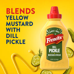 A product shot of Frenchs Dill Pickle Sandwich Spread Regular Inverted Squeeze Bottle Rp 12 Oz is centered on a yellow background, surrounded by pickle slices and a swirl of mustard.