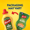 An image against a yellow background shows the packaging transition for Frenchs Dill Pickle Sandwich Spread Regular Inverted Squeeze Bottle Rp 12 Oz, with a red arrow indicating the change from the old yellow bottle to the new green inverted bottle.