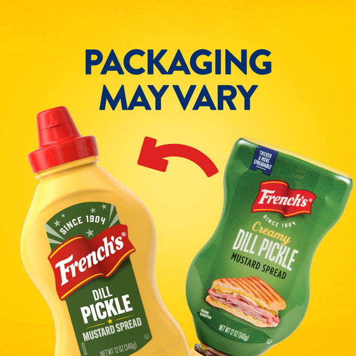 An image against a yellow background shows the packaging transition for Frenchs Dill Pickle Sandwich Spread Regular Inverted Squeeze Bottle Rp 12 Oz, with a red arrow indicating the change from the old yellow bottle to the new green inverted bottle.