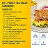 A recipe infographic for a Dill Pickle Egg Salad Sandwich lists ingredients including Frenchs Dill Pickle Sandwich Spread Regular Inverted Squeeze Bottle Rp 12 Oz and McCormick spices, alongside a photo of the finished sandwich on a plate.
