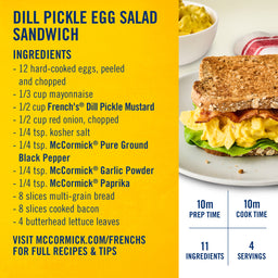 A recipe infographic for a Dill Pickle Egg Salad Sandwich lists ingredients including Frenchs Dill Pickle Sandwich Spread Regular Inverted Squeeze Bottle Rp 12 Oz and McCormick spices, alongside a photo of the finished sandwich on a plate.