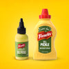 Two bottles of French's Dill Pickle Mustard Spread, a large Frenchs Dill Pickle Sandwich Spread Regular Inverted Squeeze Bottle Rp 12 Oz and a smaller travel-size bottle, are shown side-by-side against a yellow background.