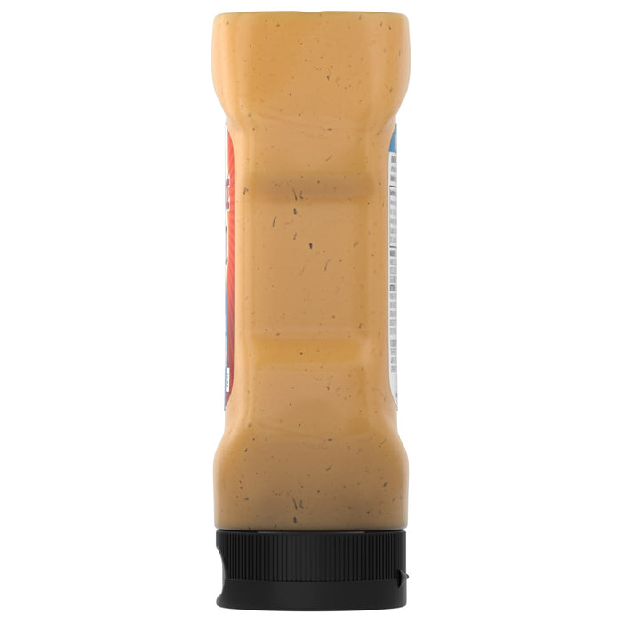 ["A bottle of Frank's RedHot Buffalo Ranch sauce with nutrition facts and ingredients listed on the label."]