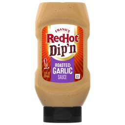 ["A bottle of Frank's RedHot Dip'n Roasted Garlic Sauce."]