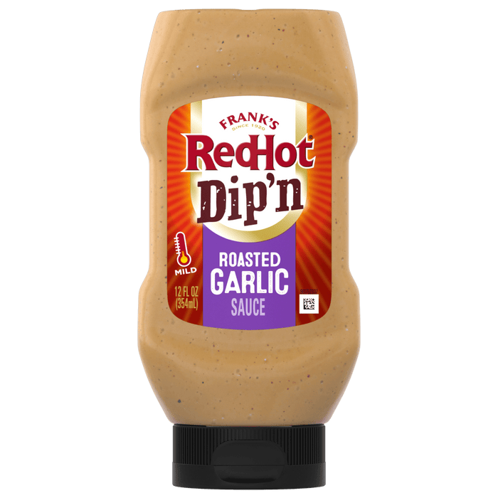 ["A bottle of Frank's RedHot Dip'n Roasted Garlic Sauce."]