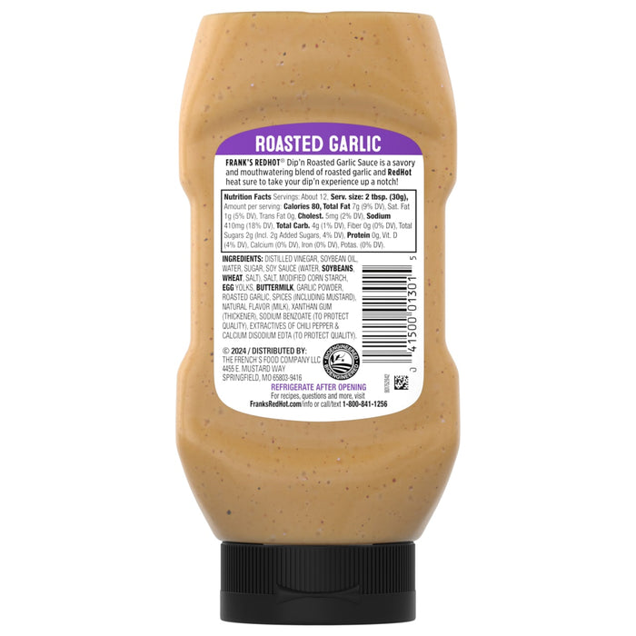 ["A bottle of Frank's RedHot Roasted Garlic Dip'n Sauce."]