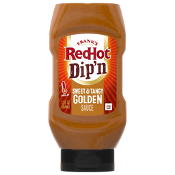 ["A bottle of Frank's RedHot Dip'n Sweet &amp; Tangy Golden Sauce."]
