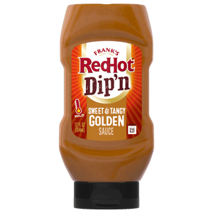 ["A bottle of Frank's RedHot Dip'n Sweet &amp; Tangy Golden Sauce."]