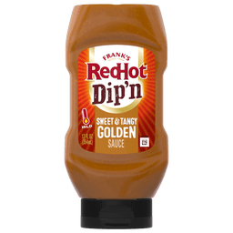 ["A bottle of Frank's RedHot Dip'n Sweet &amp; Tangy Golden Sauce."]
